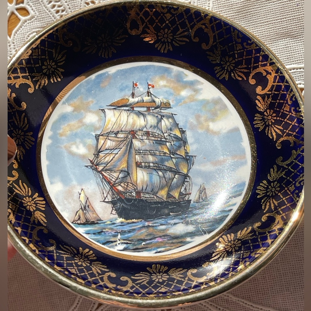 Vintage Royal Falcon Ware Ship Mini Plate • Tea Tidy • Cobalt & Gold